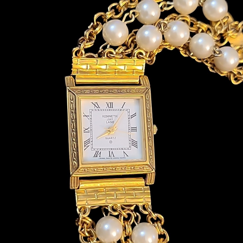 Vintage Kenneth Jay Lane Faux Pearl Multi Strand Bracelet Watch KJL New Battery - Picture 3 of 12